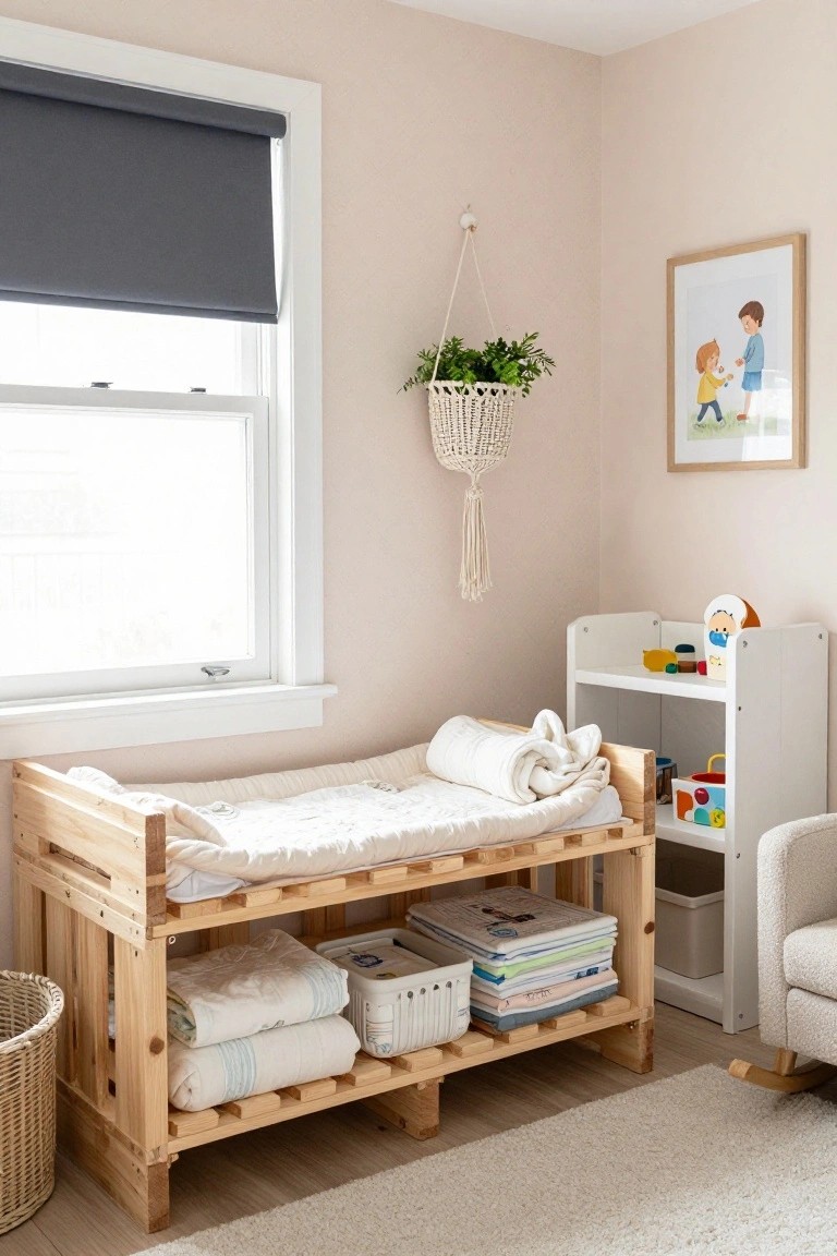A nursery corner with a wooden pallet changing table topped by a white mat and towels, open shelves below holding linens and baskets, beside a white shelving unit with toys.