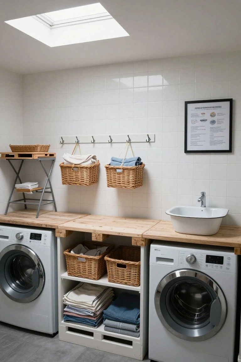 White front-loading washer and dryer under a rough wooden pallet countertop with integrated white sink, wicker baskets on shelves below, tiled walls, and hanging linens in a bright laundry room with skylight.