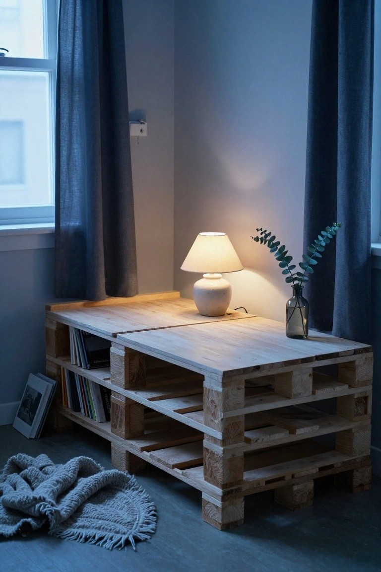 Corner of a room with a wooden pallet desk featuring open shelves holding books and photo frames, a white lamp and glass vase with eucalyptus on the surface, blue curtains at the window, and a gray fringed rug on the floor.