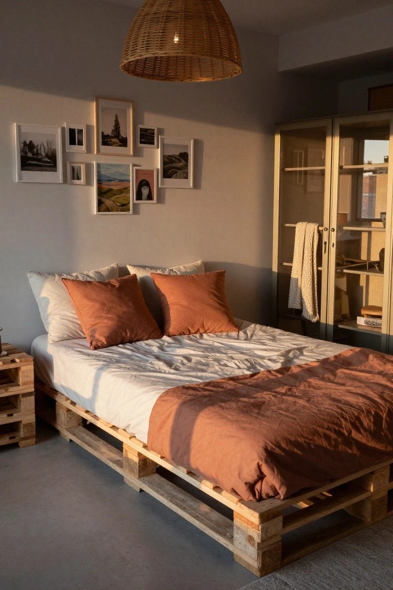 Bedroom with wooden pallet bed platform, orange duvet and pillows on white sheets, pallet nightstand, rattan pendant lamp overhead, gallery wall of framed photos, and glass cabinet nearby.
