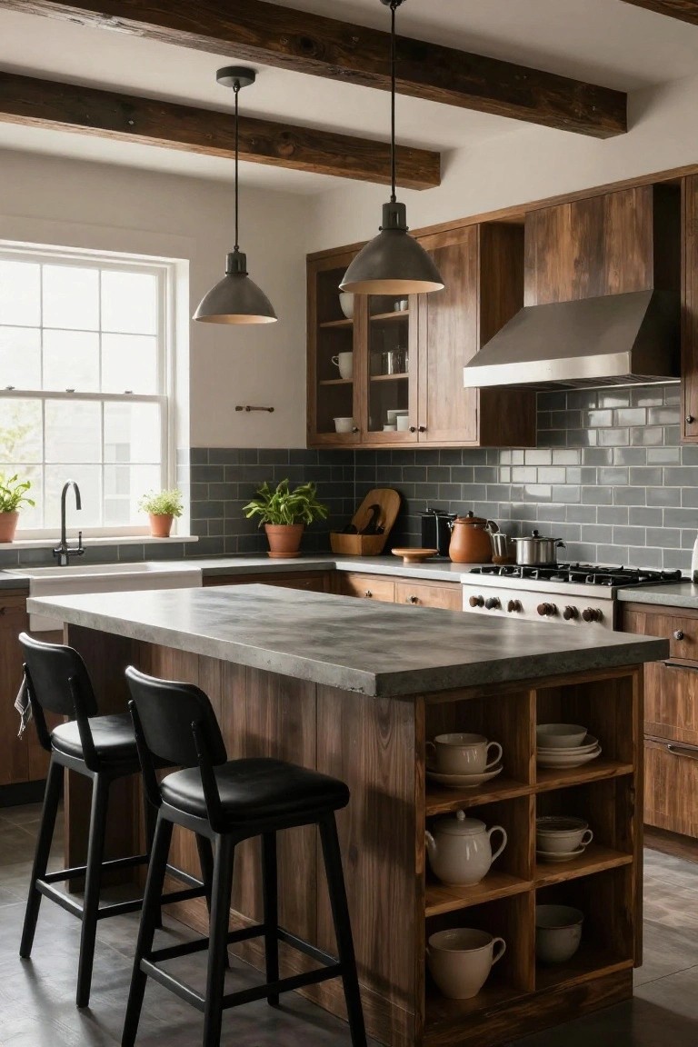 Modern kitchen interior with wooden cabinets, gray subway tile backsplash, concrete-topped wooden island with open shelving and black stools, pendant lights, and potted plants near the sink.