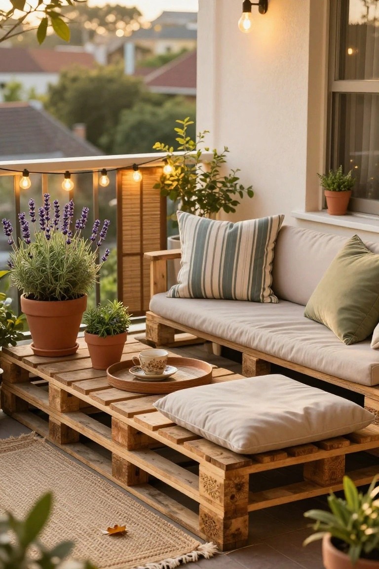 Balcony seating area featuring a beige cushioned sofa, wooden pallet coffee table with teacup, pallet ottoman with cushion, potted lavender and other plants, string lights, and woven rug on tiled floor.