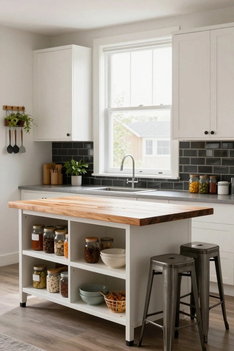 White kitchen island with light wood butcher block top and open lower shelves stocked with glass jars of food items, paired with white cabinets, black subway tile backsplash, and metal bar stools.