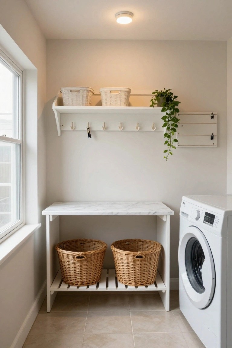 A small laundry room with a white wooden table topped in white marble next to a white front-loading washer, two wicker baskets stored under the table, wall-mounted white shelves with wicker bins and hooks above, a potted plant, and beige tiled floor.