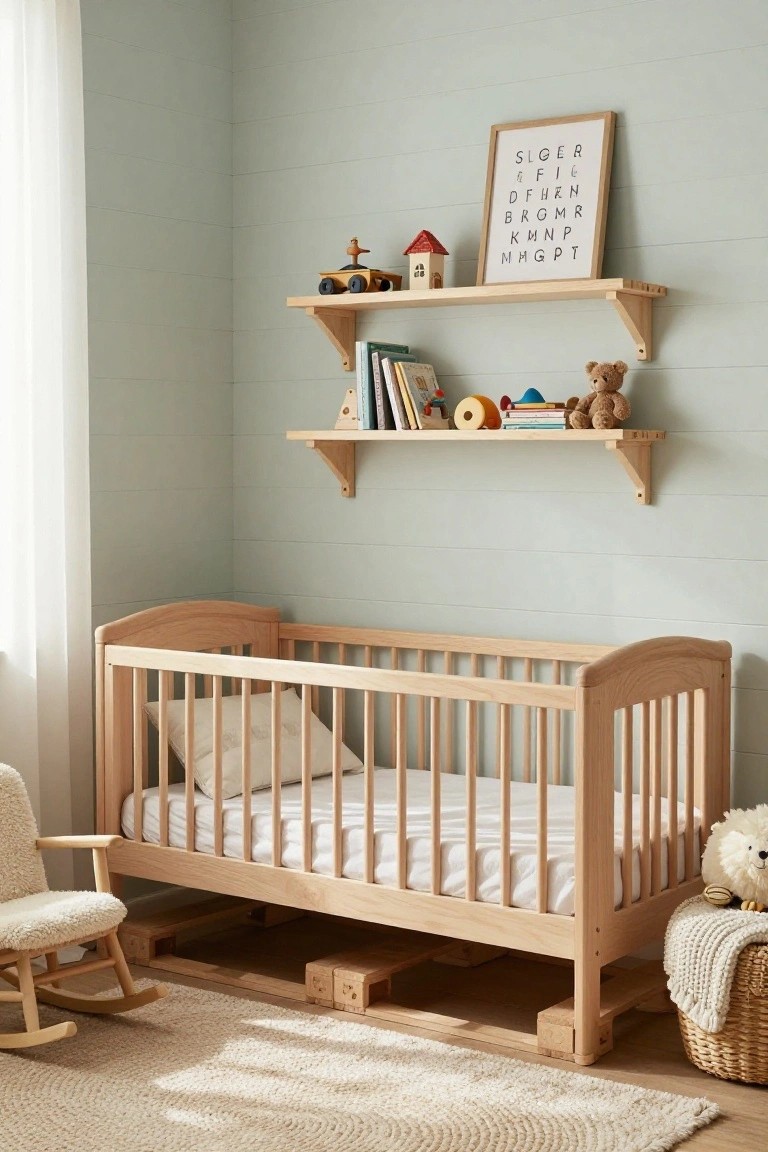 Light green nursery room with wooden crib on elevated base, fluffy rocking chair, floating wooden shelves holding books toys and stuffed animals, plush hedgehog on floor.