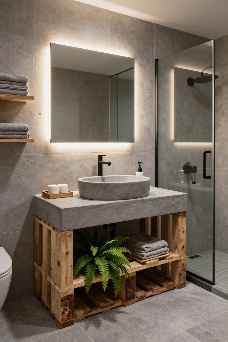 Bathroom with gray tile walls and floor, backlit rectangular mirror, black faucet over round concrete vessel sink on wooden pallet vanity base with potted fern, glass shower enclosure, and white toilet.