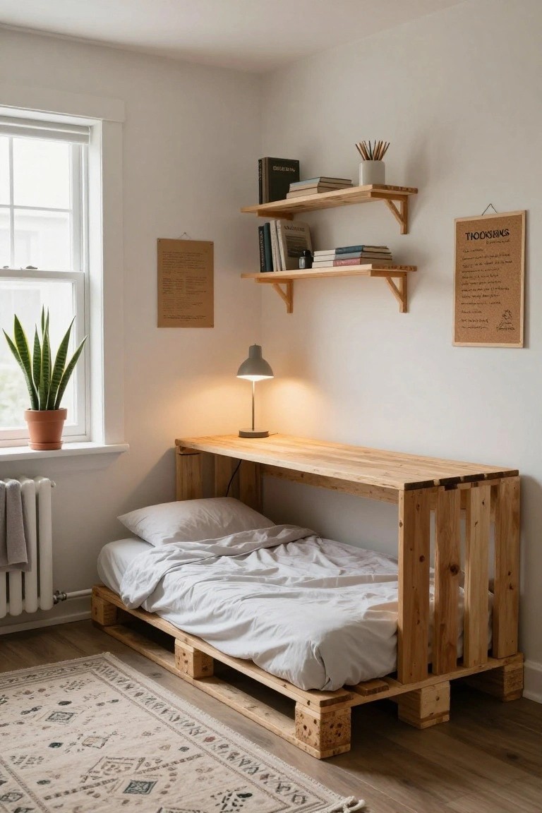 A small bedroom with a low wooden pallet bed frame extended into a desk, a desk lamp on top, wooden wall shelves with books, a snake plant in a pot by the window, and a corkboard on the wall.