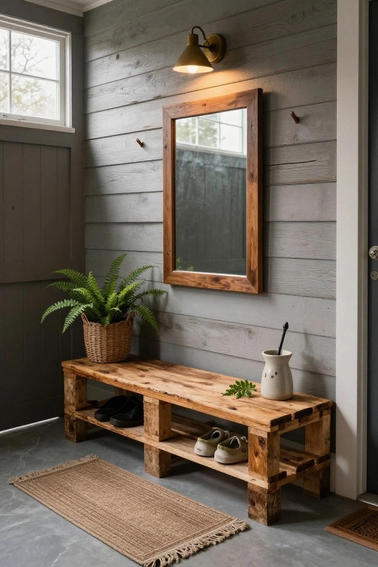 Gray shiplap interior entryway featuring a wooden pallet bench with shoes stored underneath, a potted fern in a basket, a white vase with greenery on the bench, a large rectangular mirror on the wall, wall hooks, a brass wall sconce, and a jute rug on the concrete floor next to a gray door.