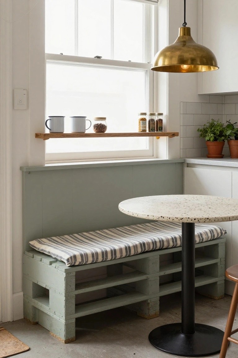 Kitchen nook with mint green pallet bench topped by blue and white striped cushion, paired with round speckled table on black pedestal base, under window with wooden shelf holding mugs, jars, and potted plants.