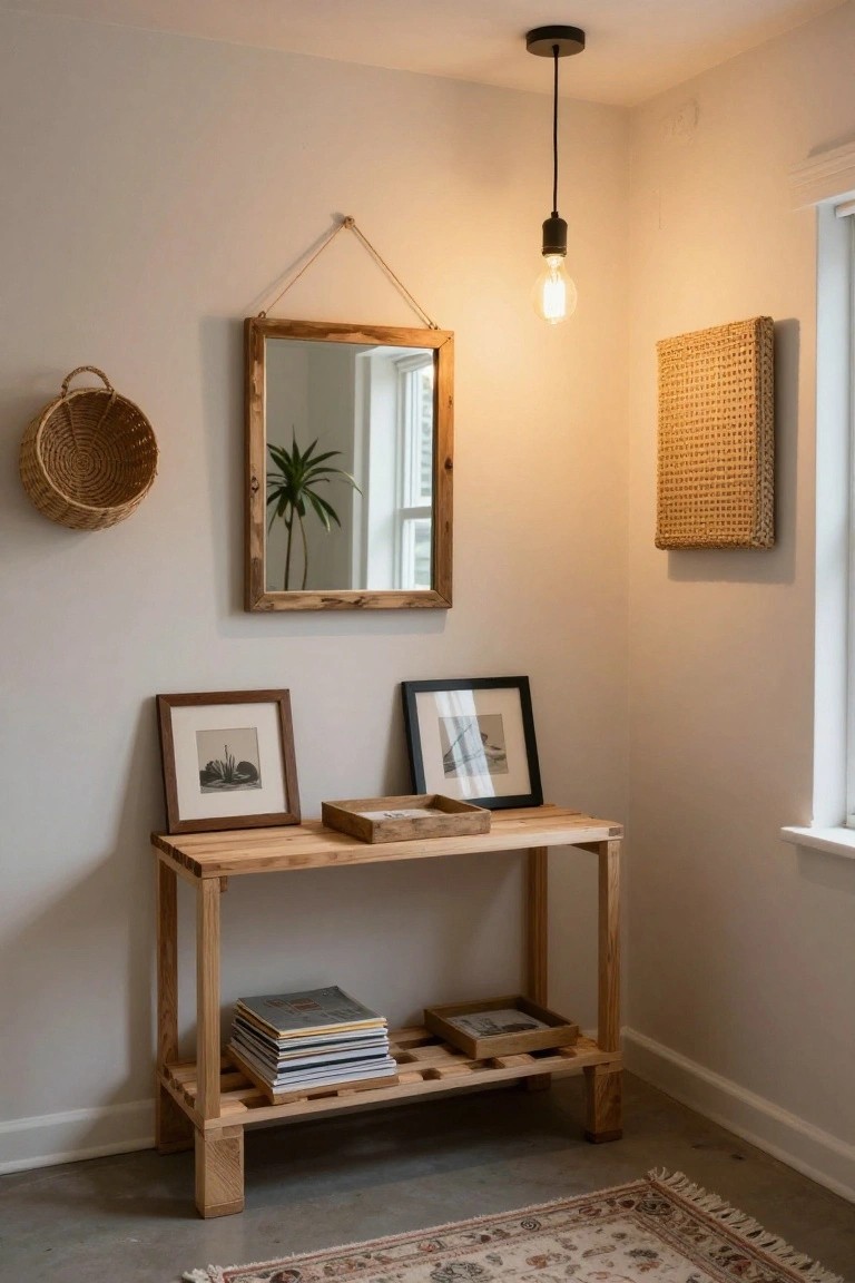 Corner of a light room with a wooden slatted console table holding books and a tray, a rope-hung mirror above, woven wall baskets, framed photos, and a woven wall panel beside a window, with a patterned rug on the floor.