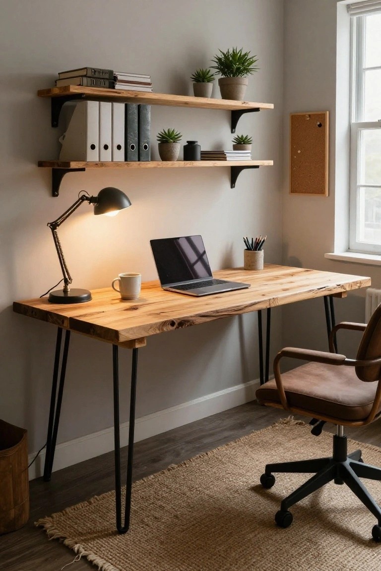 Cozy corner home office with rustic live-edge wooden desk on black hairpin legs, open MacBook laptop, white mug, adjustable desk lamp, floating wooden shelves holding books files plants pots, corkboard, leather desk chair, seagrass rug, and gray walls with window.