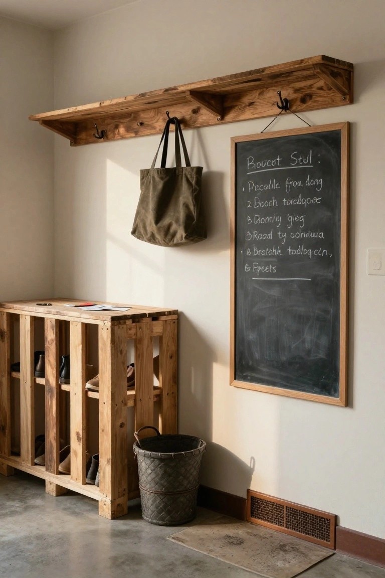 Rustic wooden pallet shoe rack and wall shelf with hooks in a light entryway, holding shoes and a canvas bag, next to a chalkboard menu list and wicker trash bin on a concrete floor.