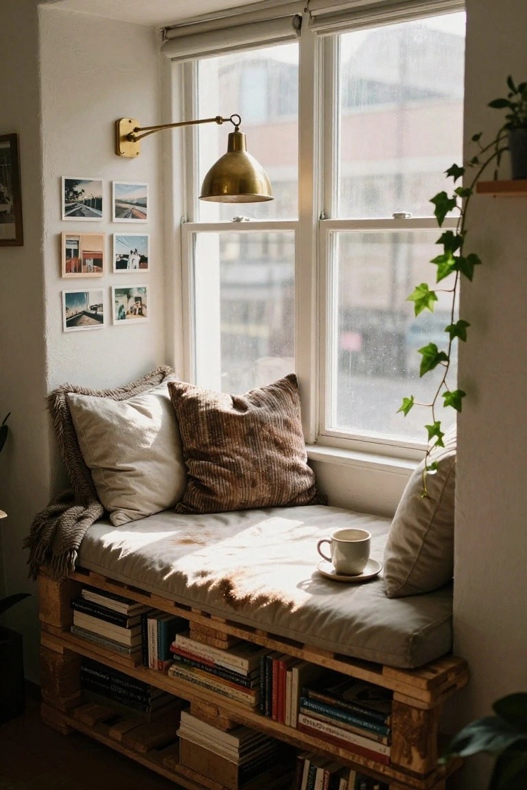 Pallet Window Seat with Bookshelf Base