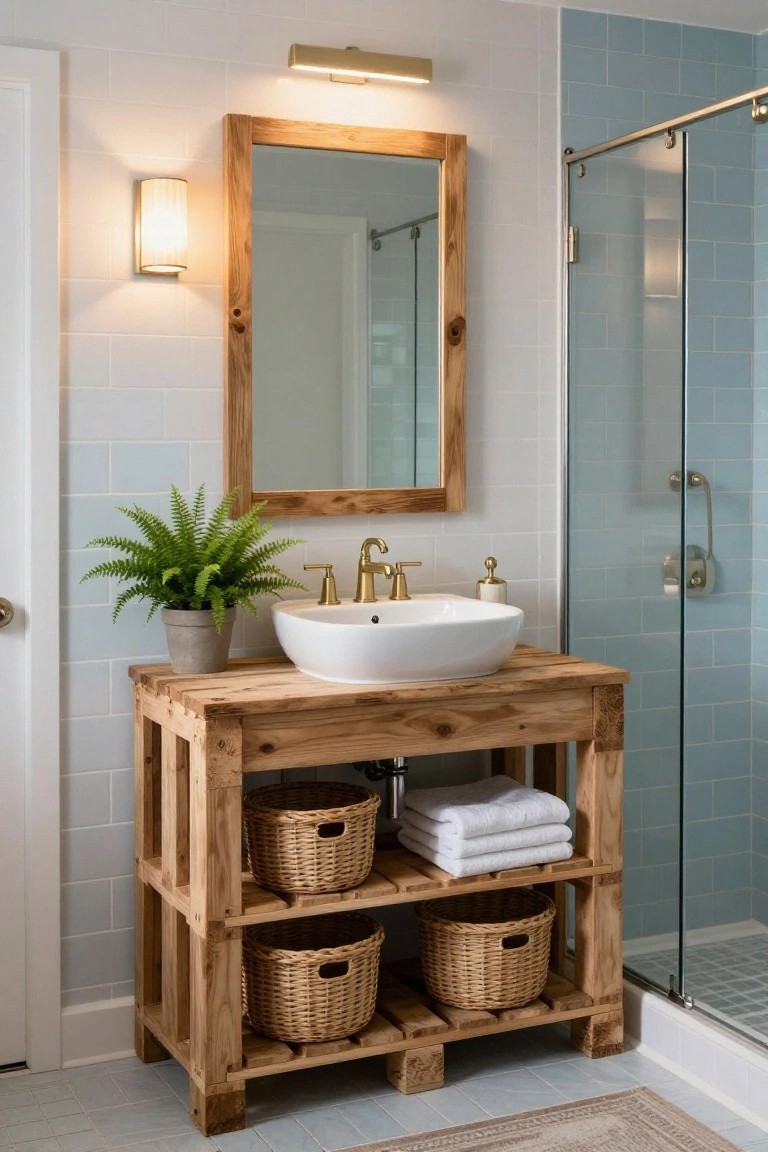 A bathroom with light blue subway tile walls, a rustic wooden pallet vanity supporting a white vessel sink and gold faucet, open shelves holding woven baskets with towels, a potted fern, wood-framed mirror, and glass shower enclosure.