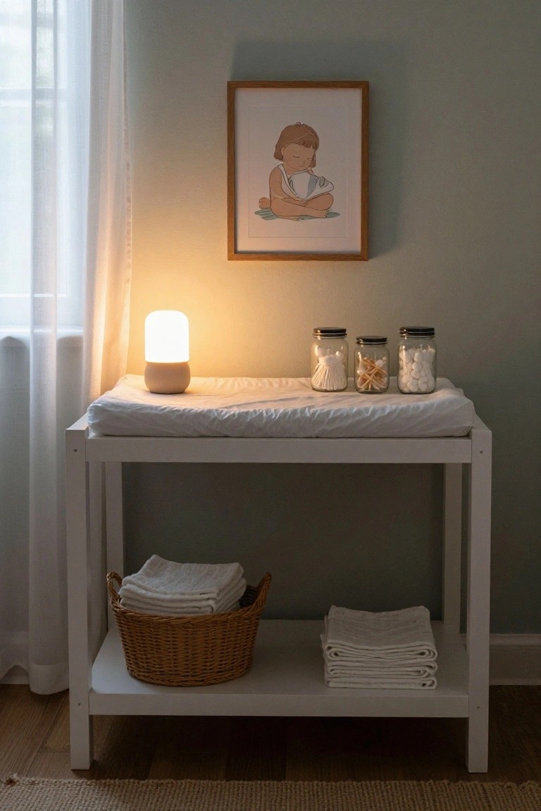 White wooden shelving unit topped with a white changing pad in a softly lit nursery, with glass jars containing cotton balls, swabs, and shells on top, a beige lamp beside it, and a basket of folded white cloths on the lower shelf.
