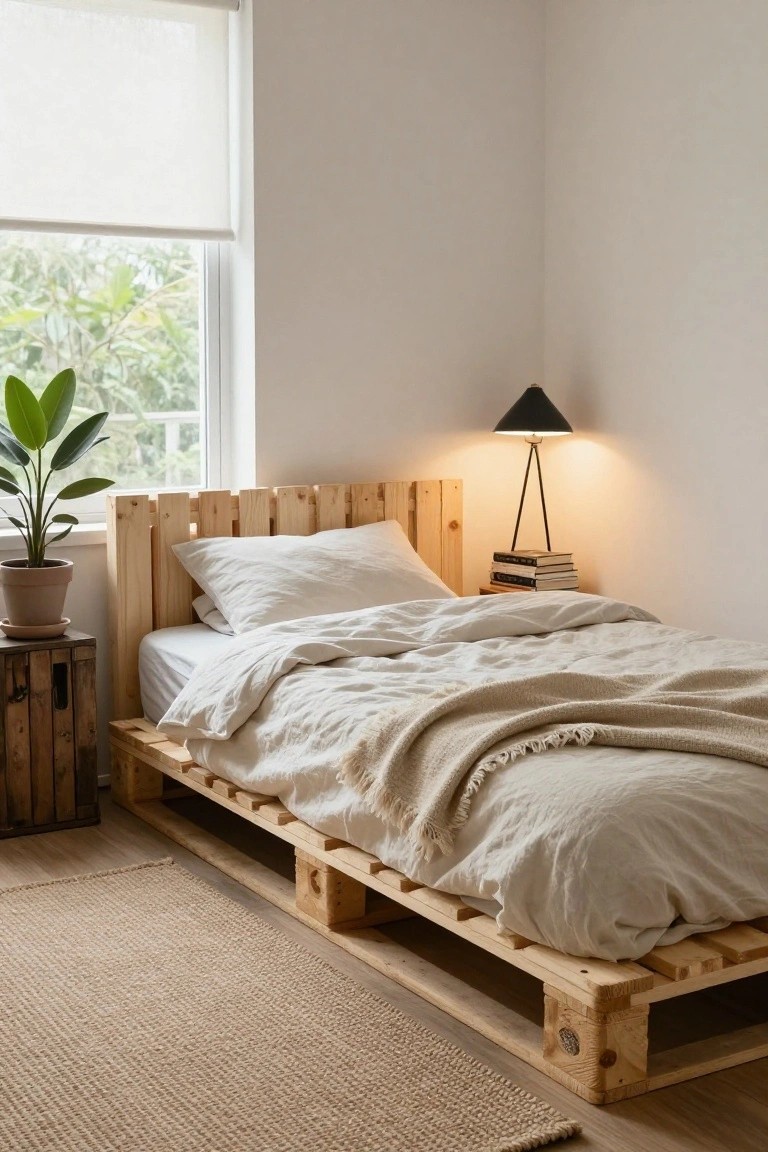 Cozy bedroom corner featuring a low platform bed made from wooden pallets, with white linens, a potted plant, bedside lamp on a wooden crate table, and natural light from a window.