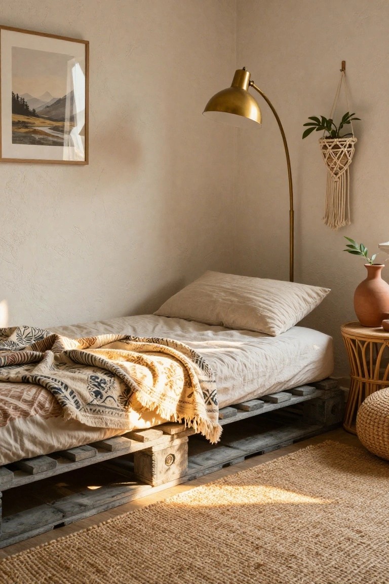 Bedroom corner featuring a low bed frame made from stacked wooden pallets, topped with a mattress, white linens, and patterned throw blanket, beside a gold arched floor lamp and potted plants on a beige rug.