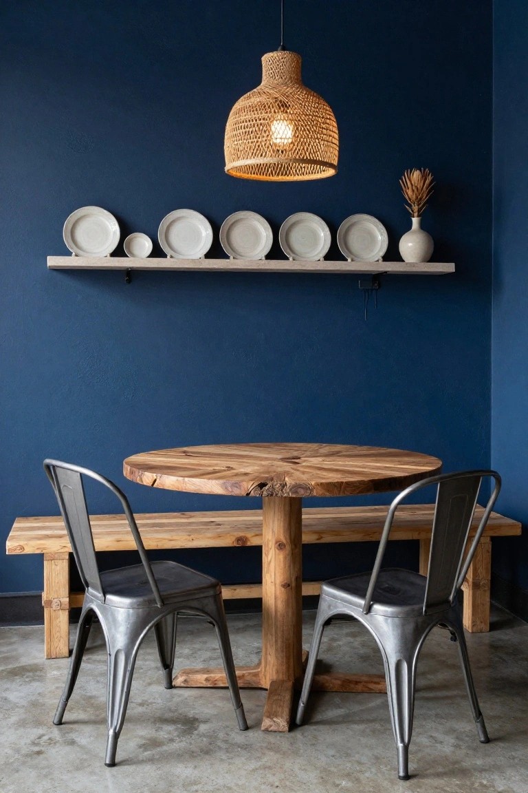Round live-edge wooden table with matching wooden bench and two metal chairs in a navy blue room, bamboo pendant light overhead, and shelves displaying white plates and vase.