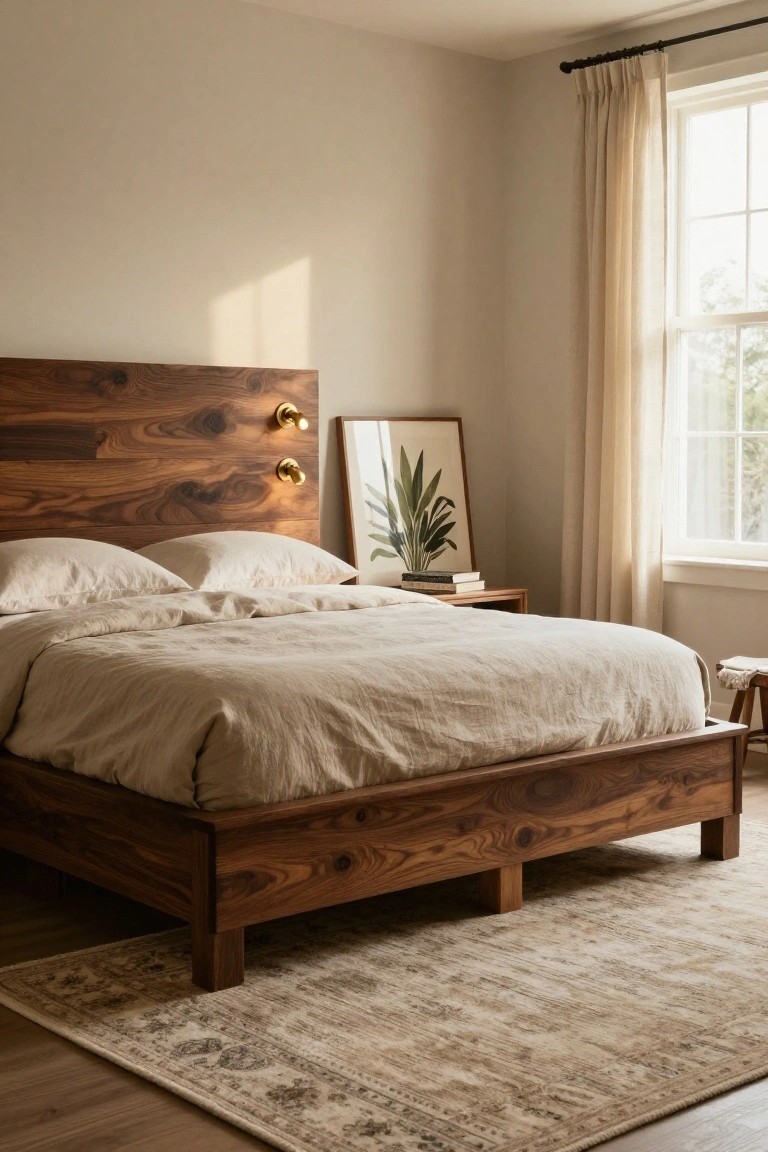 Bedroom interior with a low wooden platform bed made from dark planks, featuring a matching plank headboard with two brass wall sconces, white linen bedding, a wooden nightstand with books and a plant poster nearby, sheer curtains on a window, and a beige rug on wood floors.