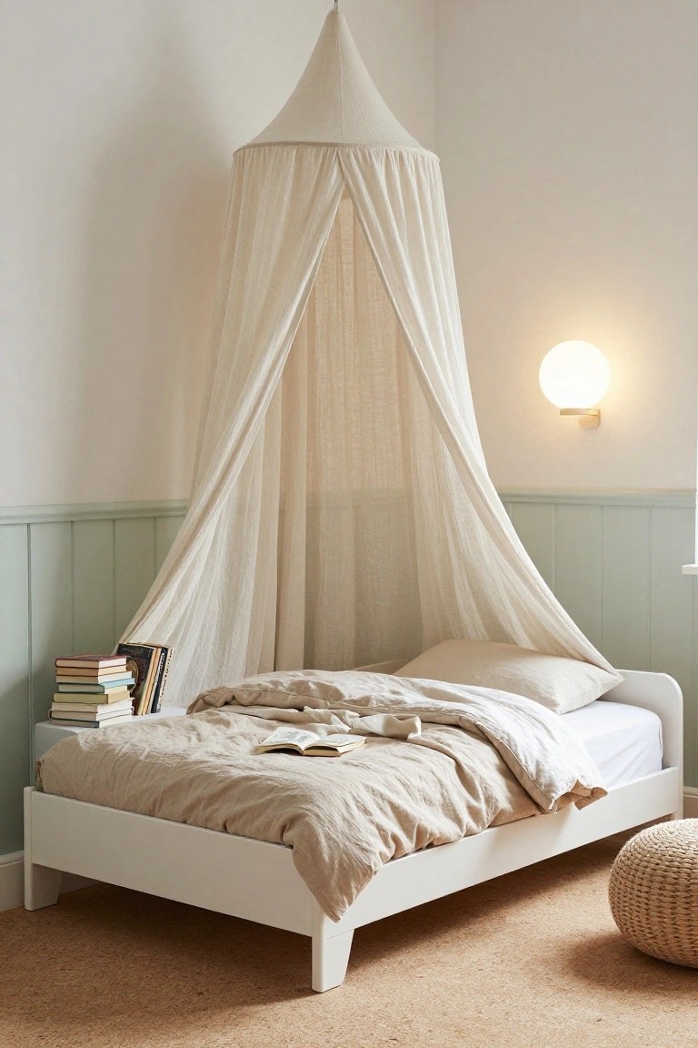 White low-profile single bed with beige linen bedding and pillows under a cream conical canopy net in a child's bedroom with mint green wainscoting, stacked books on a bedside table, wall-mounted lamp, and woven pouf on cork flooring.