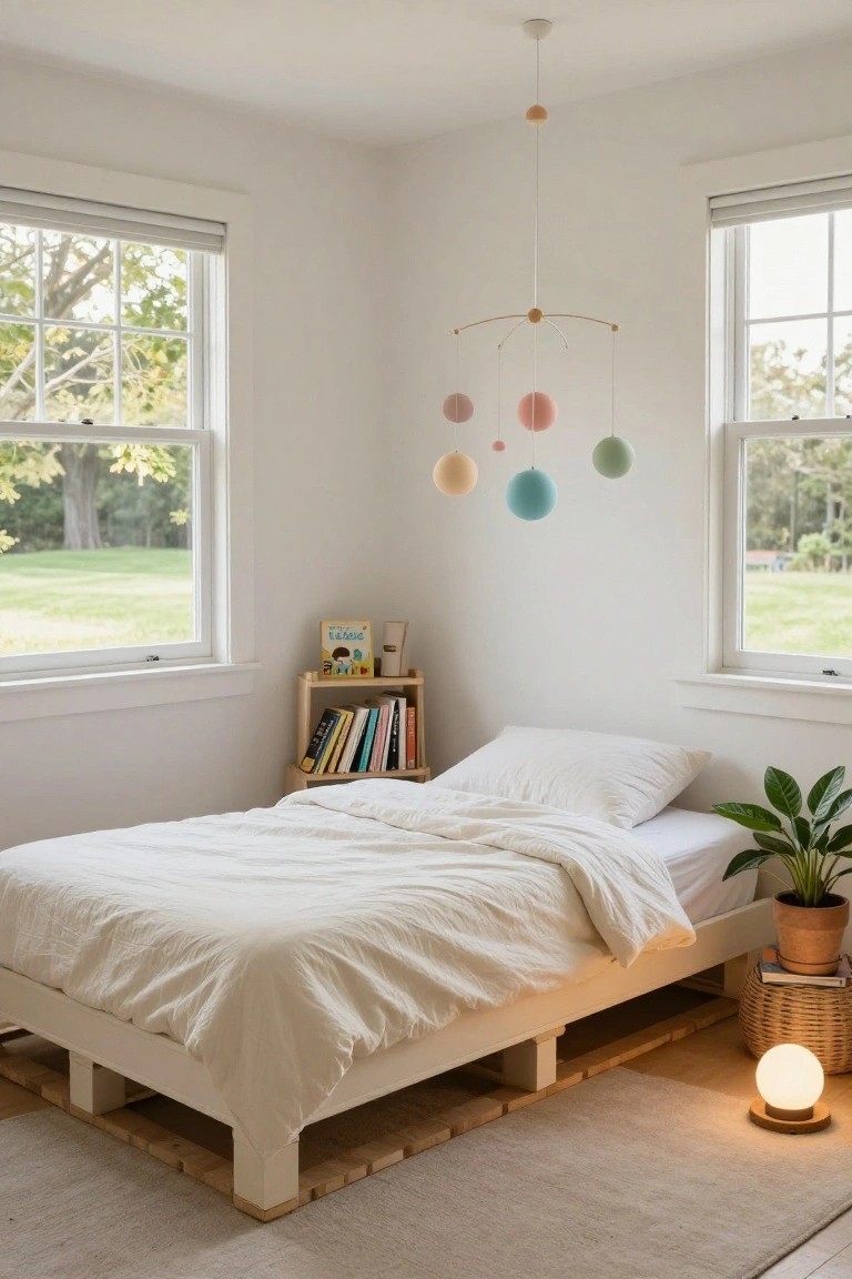 A white single bed frame elevated on stacked wooden pallets in a minimalist child's bedroom with a colorful hanging mobile, wooden bookshelves, potted plant, and large windows showing trees and grass outside.