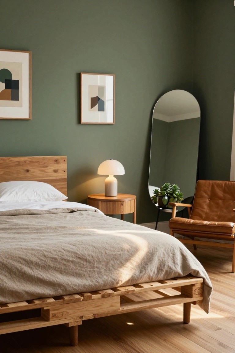 Bedroom interior with sage green walls, wooden pallet bed frame holding white pillows and beige linen bedding, oak bedside table with white lamp, tall arched mirror, abstract framed artwork, potted succulent, and tan leather armchair on oak floors.