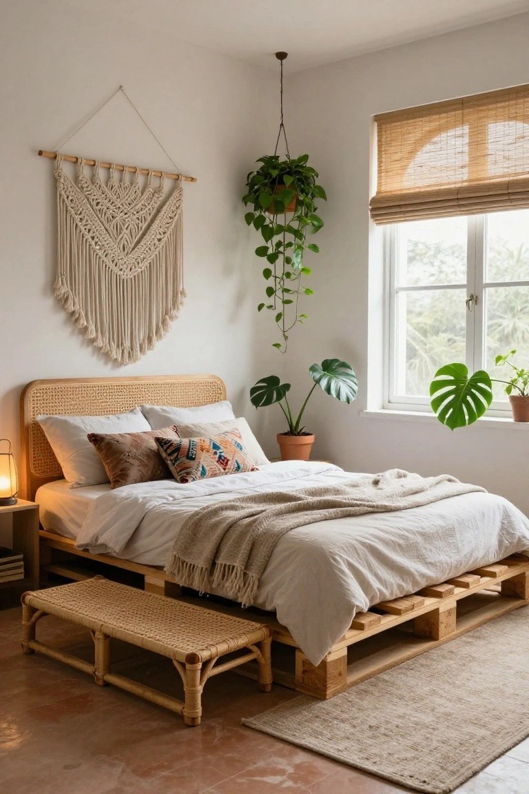 A bedroom with a low bed on stacked wooden pallets, featuring a rattan headboard, white bedding with throws, monstera plants in pots, a macrame wall hanging, and bamboo blinds on the window.