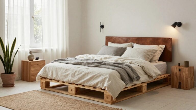 19 Smart Floating Pallet Bed Ideas For A Sleek Minimal Look Minimalist bedroom with low wooden pallet bed frame, brown leather headboard, white linen bedding, gray pillows, snake plant in terracotta pot, wall lamp, sheer curtains on window, wood side table, and light wood floor.