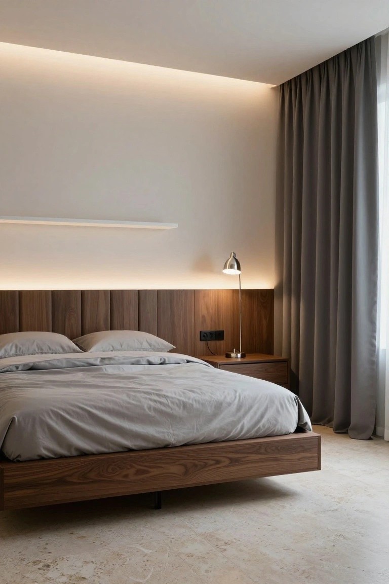 A modern bedroom with a floating wooden bed frame featuring vertical wood slats on the headboard lit by LED strips, gray linens, a brass lamp on a wooden nightstand, gray curtains over a window, and a polished concrete floor.