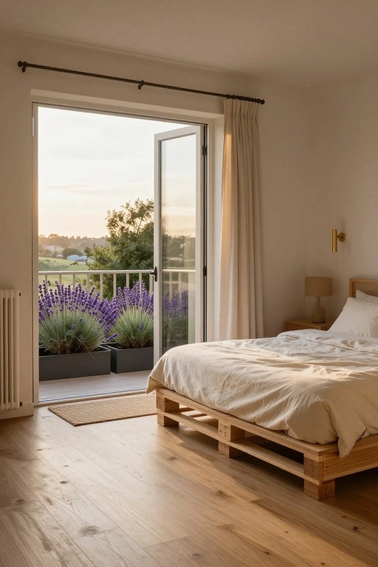 Minimalist bedroom with low wooden pallet bed platform on oak floors, open French doors to balcony with black planters of lavender, beige curtains, bedside lamp, and view of green fields at sunset.