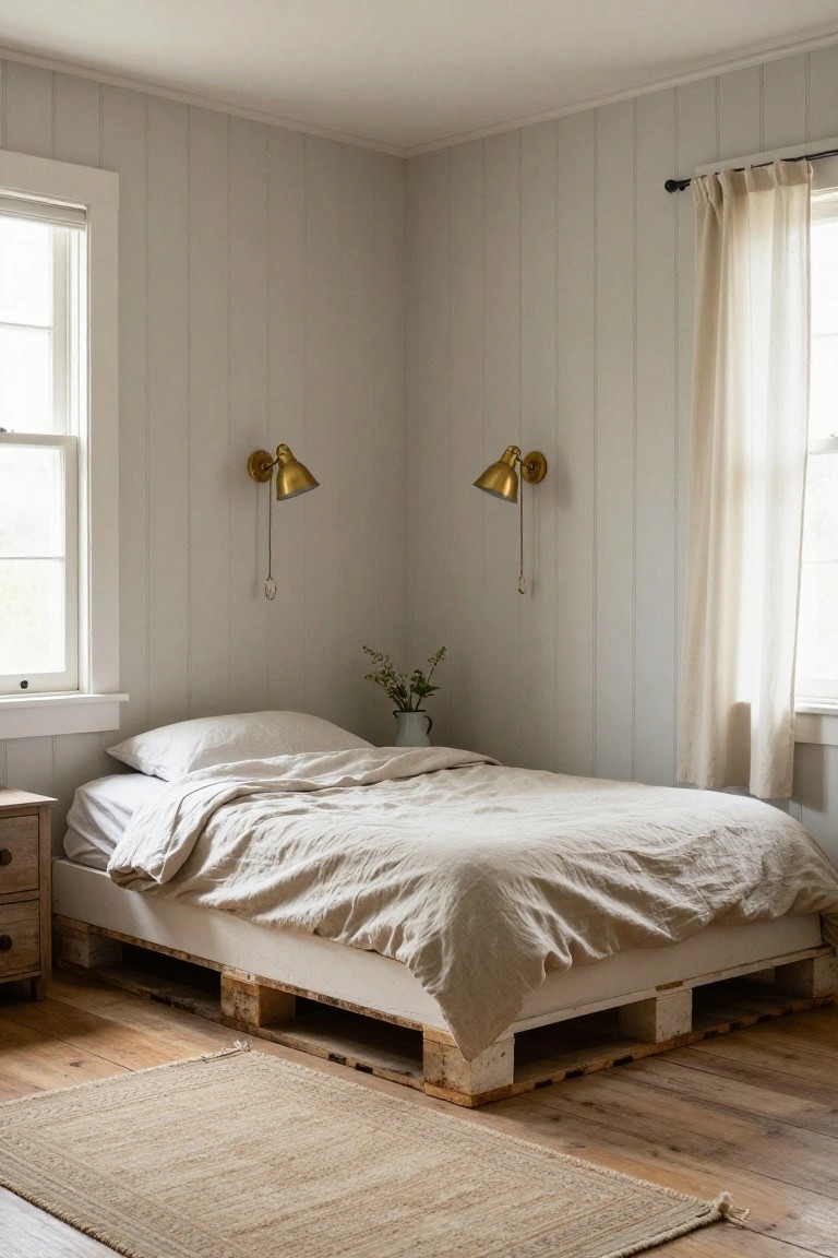 Corner of a bedroom with light gray vertical board walls, a low bed frame built from stacked wooden pallets topped with beige linen bedding and pillows, wooden nightstand holding a potted plant and pitcher, paired gold sconces on walls, sheer curtains on two windows, and seagrass rug on wood floors.