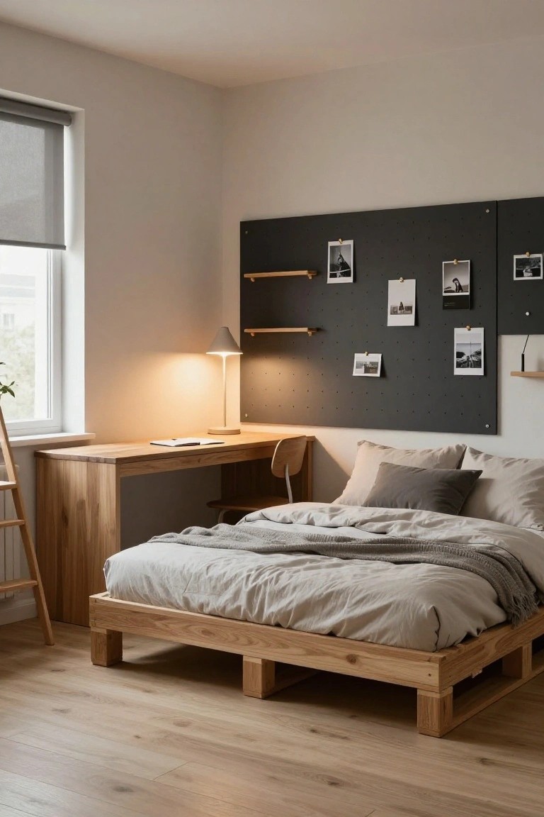 Minimalist bedroom with low platform bed of light wood pallets on blocks, wooden desk and chair, black bulletin board with pinned photos on wall, beige bedding, and window with roller shade.