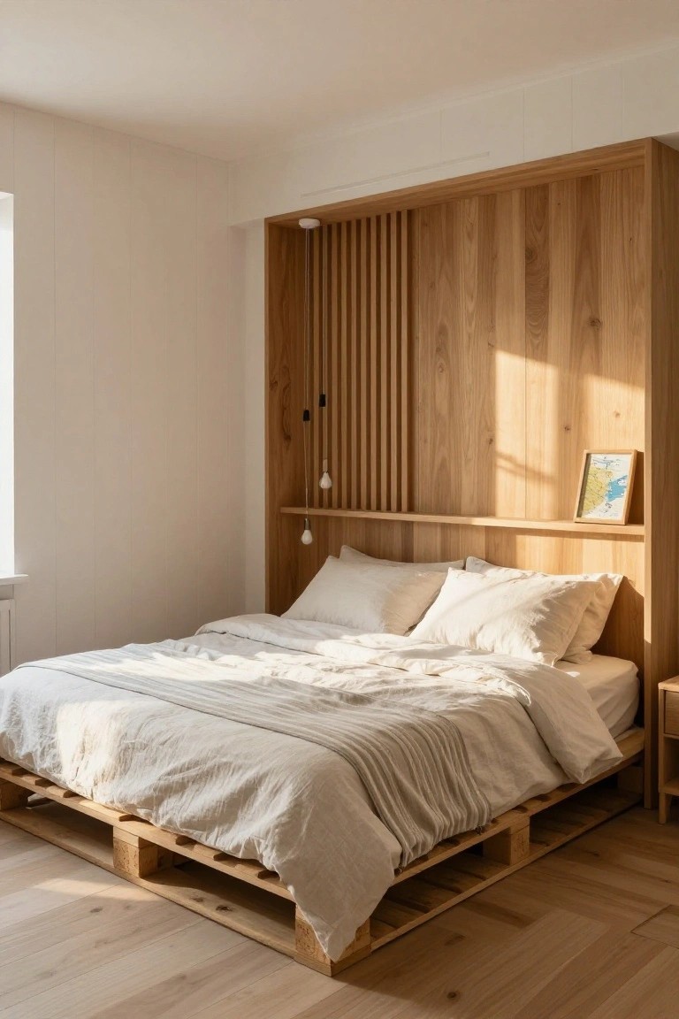 A minimalist bedroom with a low bed platform made from wooden pallets, white linen bedding, and a slatted oak headboard wall next to a window.