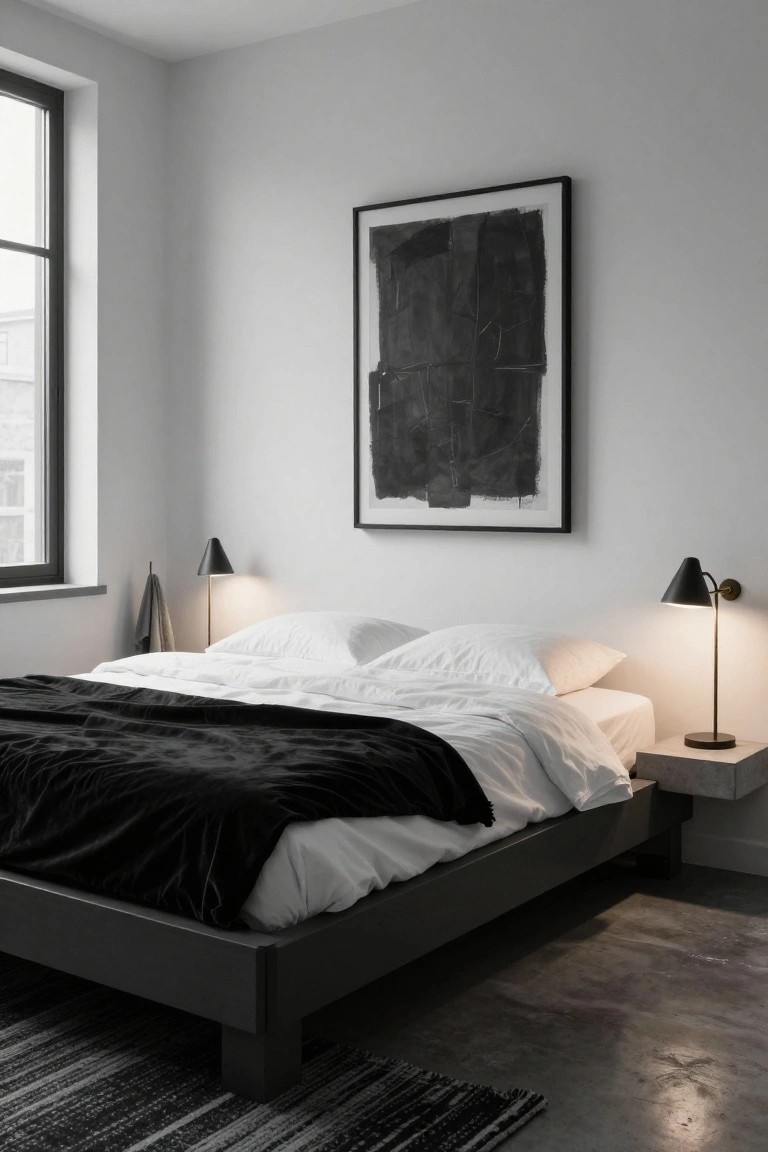 A minimalist bedroom featuring a low black platform bed with white duvet and black throw, flanked by two black lamps, an abstract black painting on the wall, a hanging towel, large window, and polished concrete floor with a striped rug.