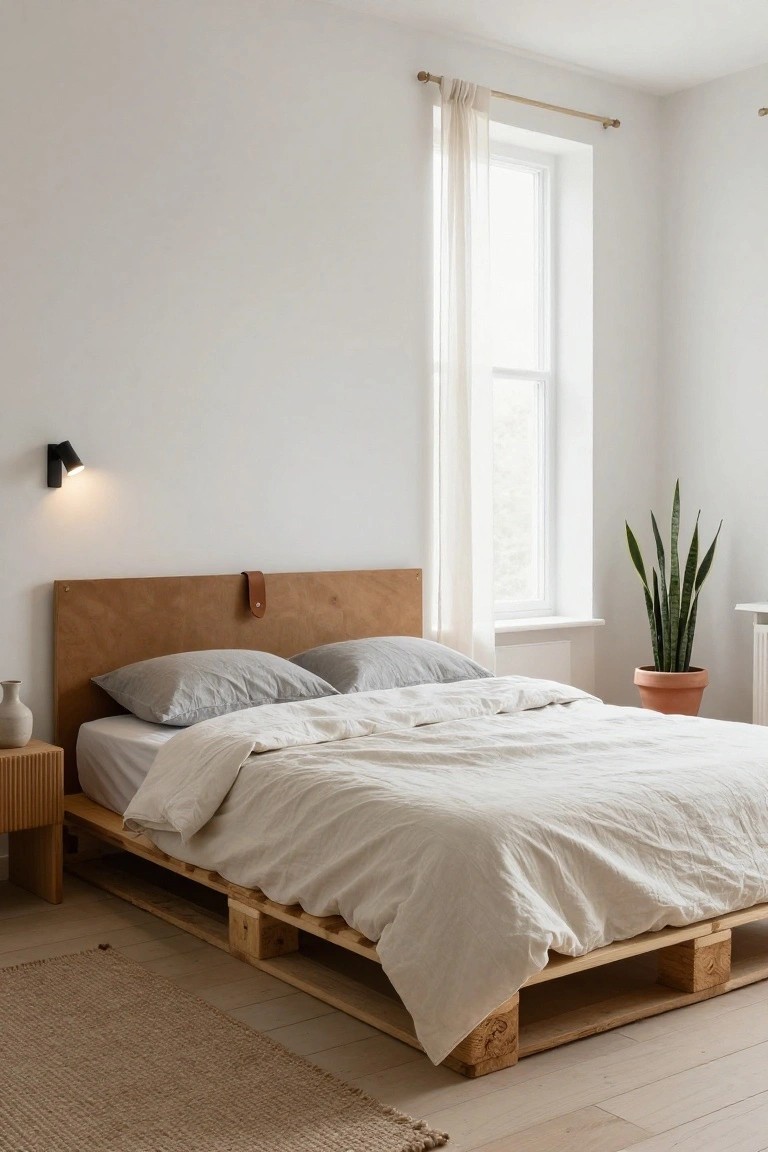 Minimalist bedroom with low wooden pallet bed frame, brown leather headboard, white linen bedding, gray pillows, snake plant in terracotta pot, wall lamp, sheer curtains on window, wood side table, and light wood floor.