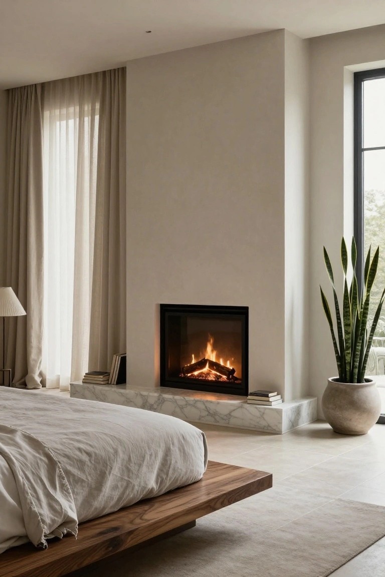 Minimalist bedroom with low wooden floating platform bed covered in white linens, marble shelf with books next to black-framed gas fireplace, sheer curtains over window, floor lamp, and large potted snake plant.