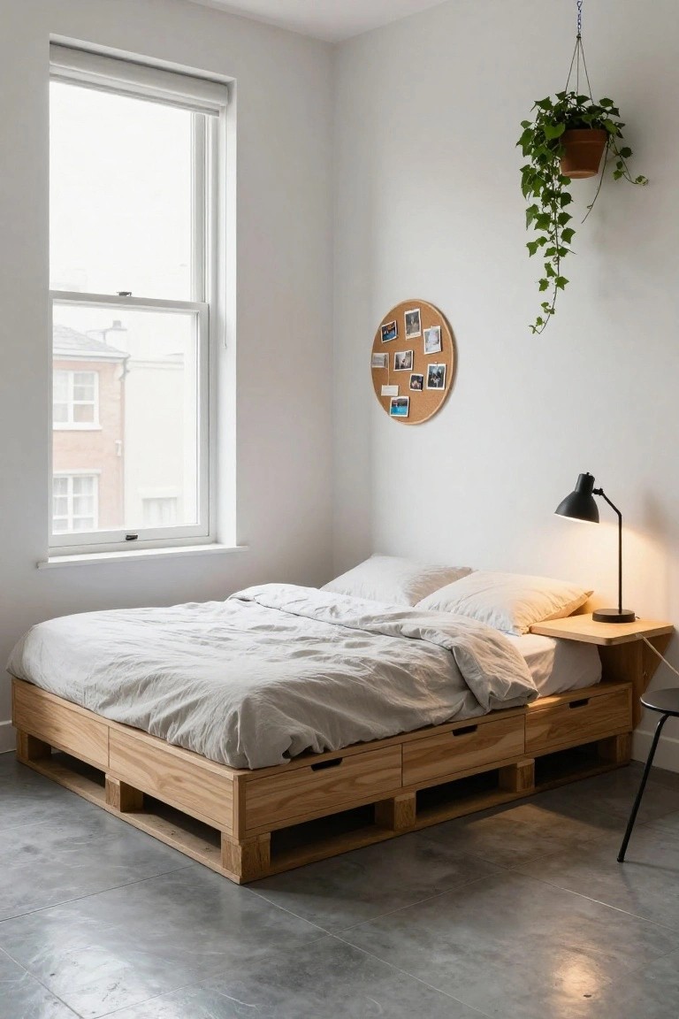 A minimalist bedroom with a low wooden pallet bed frame elevated on blocks and fitted with drawers, white linen bedding, a black desk lamp on a wooden side table, hanging ivy plant, corkboard with photos on white walls, large window with blinds, and polished concrete floor.