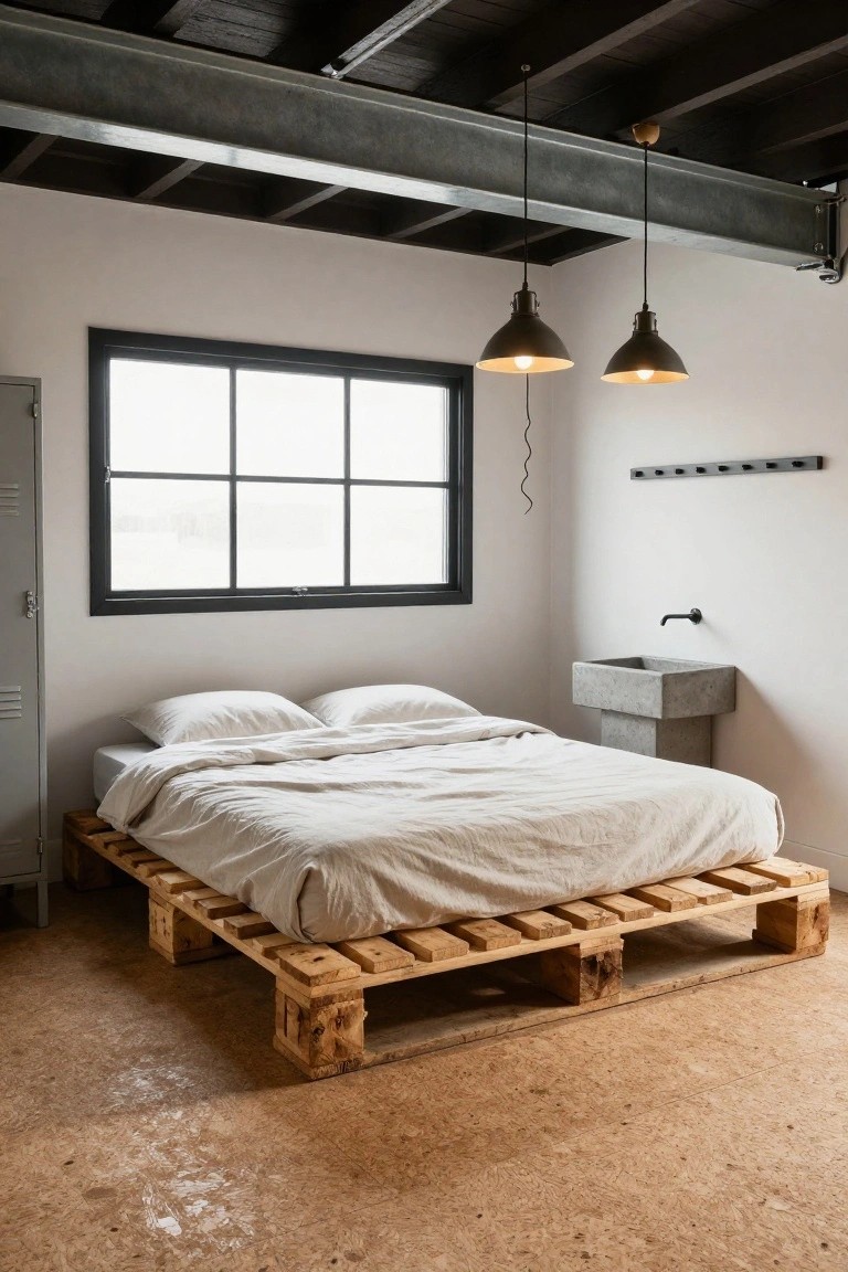 Minimalist bedroom with a low bed on stacked wooden pallets, white bedding, concrete pedestal sink, metal locker, large window, and pendant lights under exposed metal beams on a cork floor.