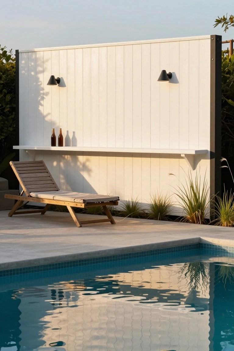 White paneled fence with black frame, floating white shelf holding three beer bottles, two black wall lights, wooden lounge chair on concrete patio near blue pool edge and potted grasses.