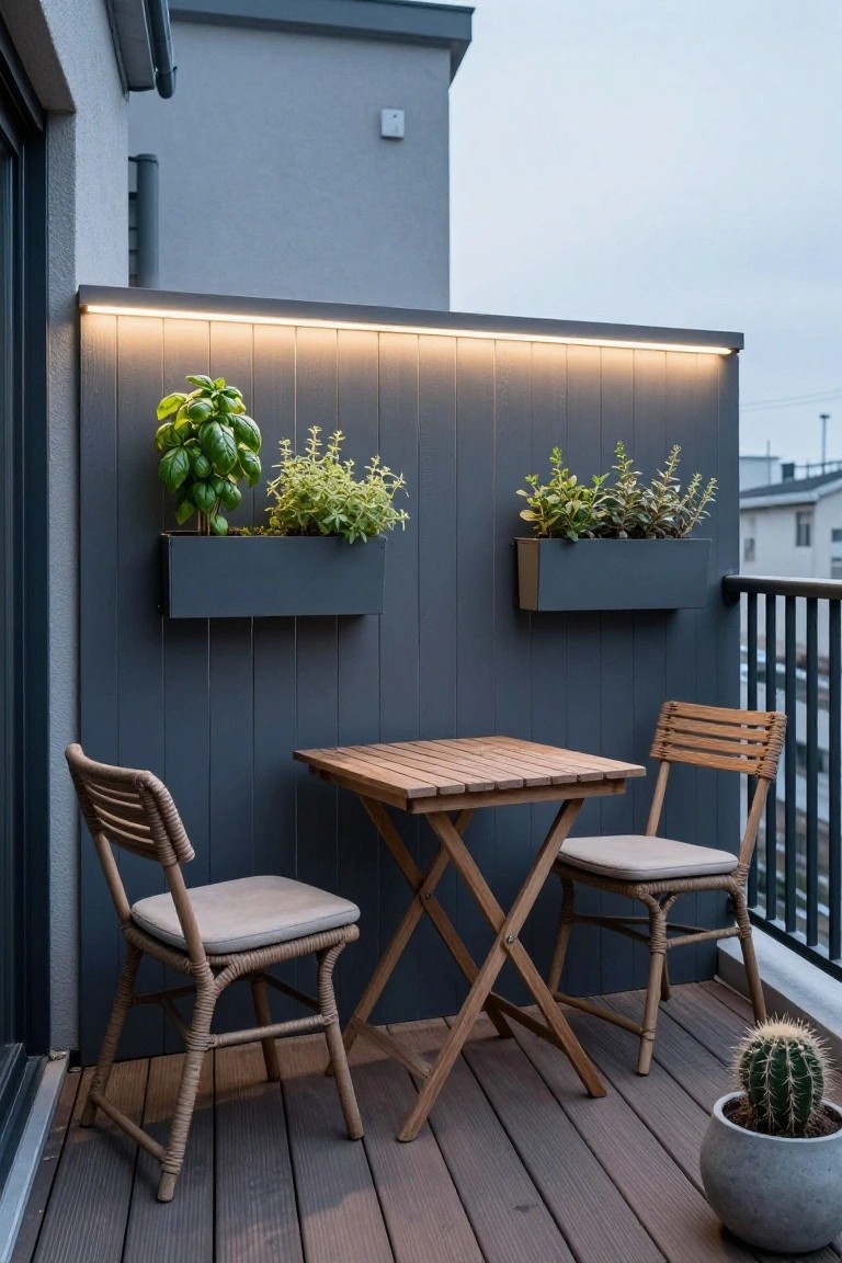 Balcony deck with dark gray slatted privacy wall topped by LED strip light, two black wall-mounted planters holding herbs, small wooden folding table, two rattan chairs with cushions, and a potted cactus in a gray pot.