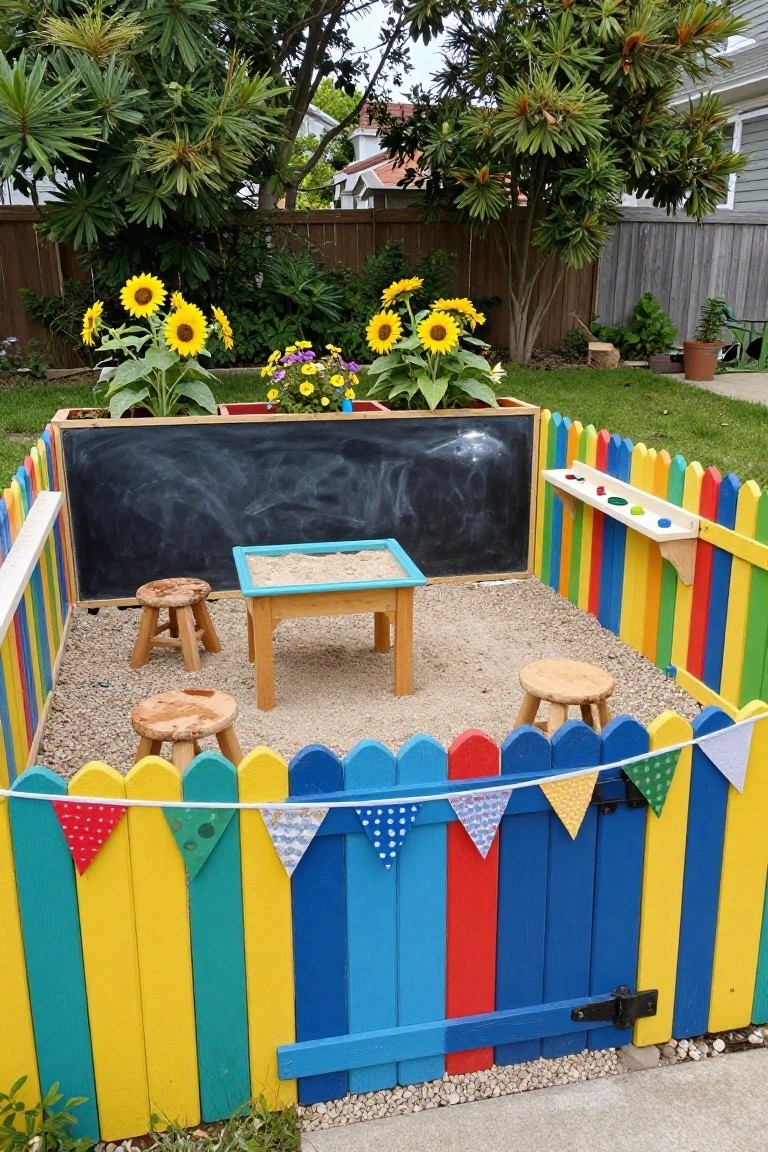 Colorful vertical wooden picket fence in red, blue, yellow, and green encloses a small backyard play area with turquoise sand table, wooden stools, blackboard, and sand flooring, surrounded by plants and flowers.