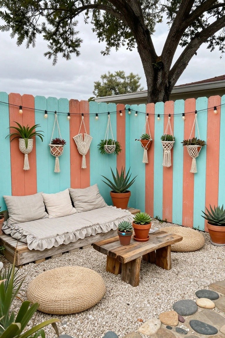 Backyard seating area with wooden pallet fence painted in turquoise and orange vertical stripes, string lights overhead, macrame hanging planters with succulents, pallet couch with cushions, floor pillows, wooden table, and potted plants on gravel ground.