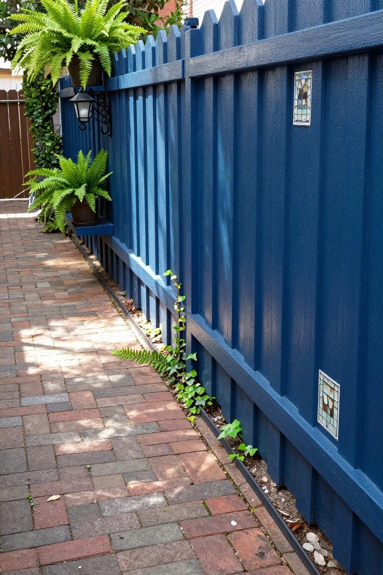 Blue painted wooden fence with scalloped picket-style top along a brick pathway, including hanging potted ferns, a mounted lantern, climbing ivy at the base, and two small stained glass tiles embedded in the fence panels.