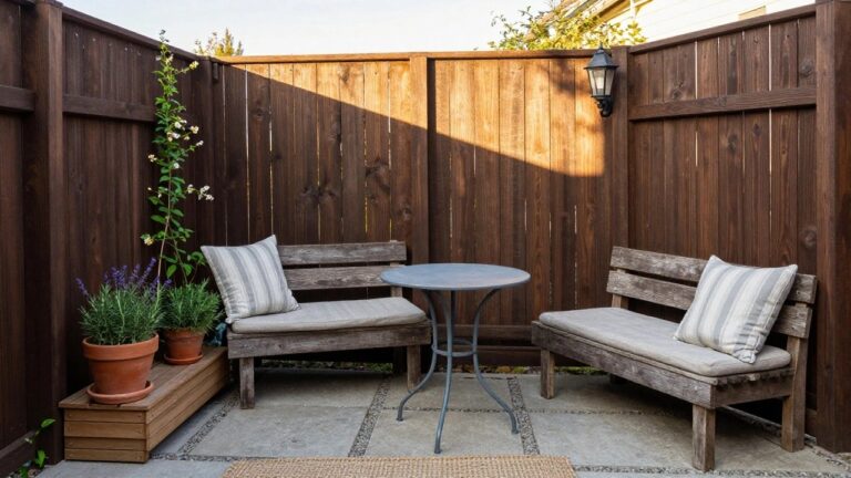 Wooden slat privacy fence with a cushioned bench against it, potted rosemary and lavender plants, small black metal table, and seagrass rug on a concrete patio.