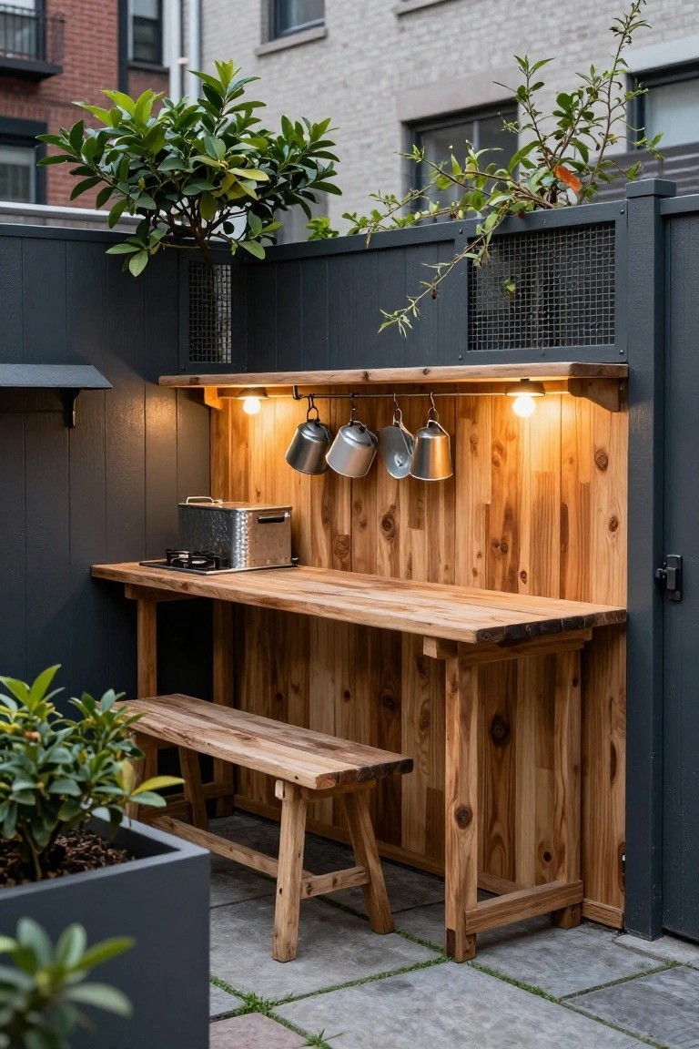 Wooden outdoor kitchen counter built against a dark gray fence with hanging metal pots, toaster, bench seat, potted plants, and warm overhead lights in a paved backyard area.