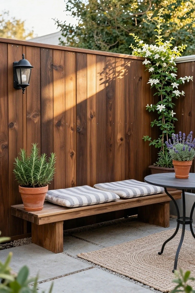 Wooden slat privacy fence with a cushioned bench against it, potted rosemary and lavender plants, small black metal table, and seagrass rug on a concrete patio.