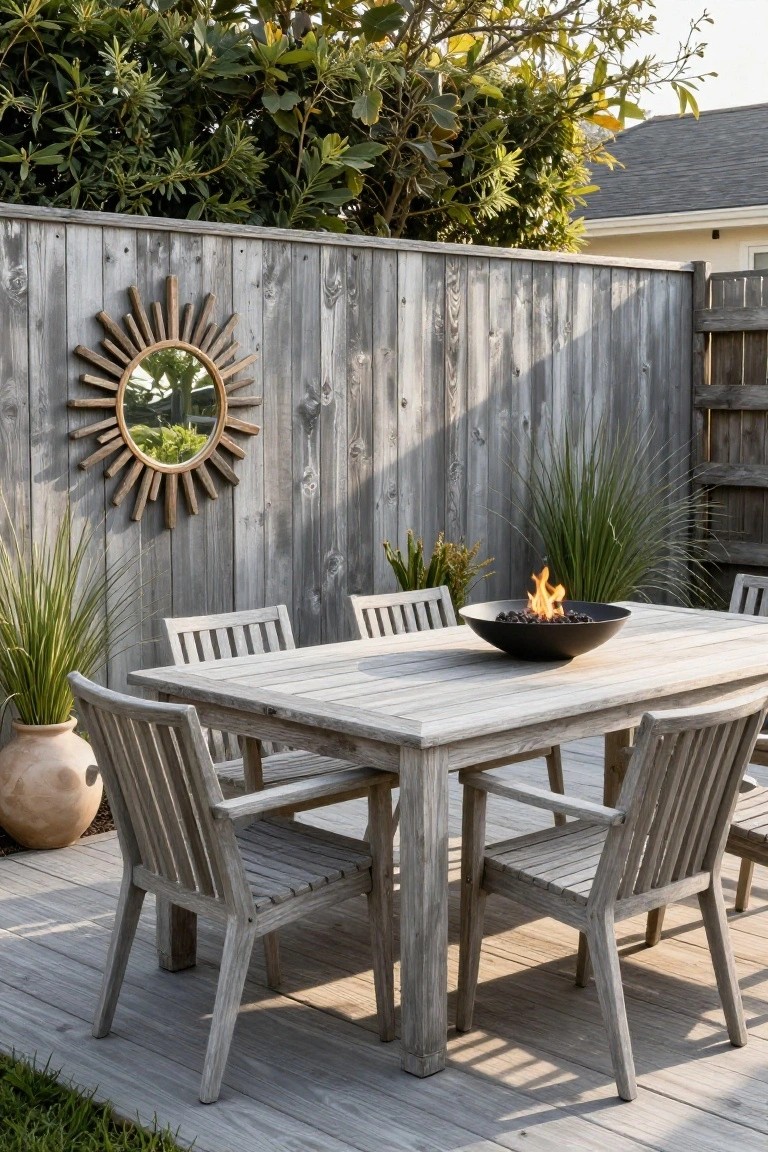 Gray slat wood fence with driftwood sunburst mirror mounted on it behind a weathered teak dining table and chairs on a deck, featuring a black fire bowl centerpiece, potted grasses, and terracotta pots nearby.