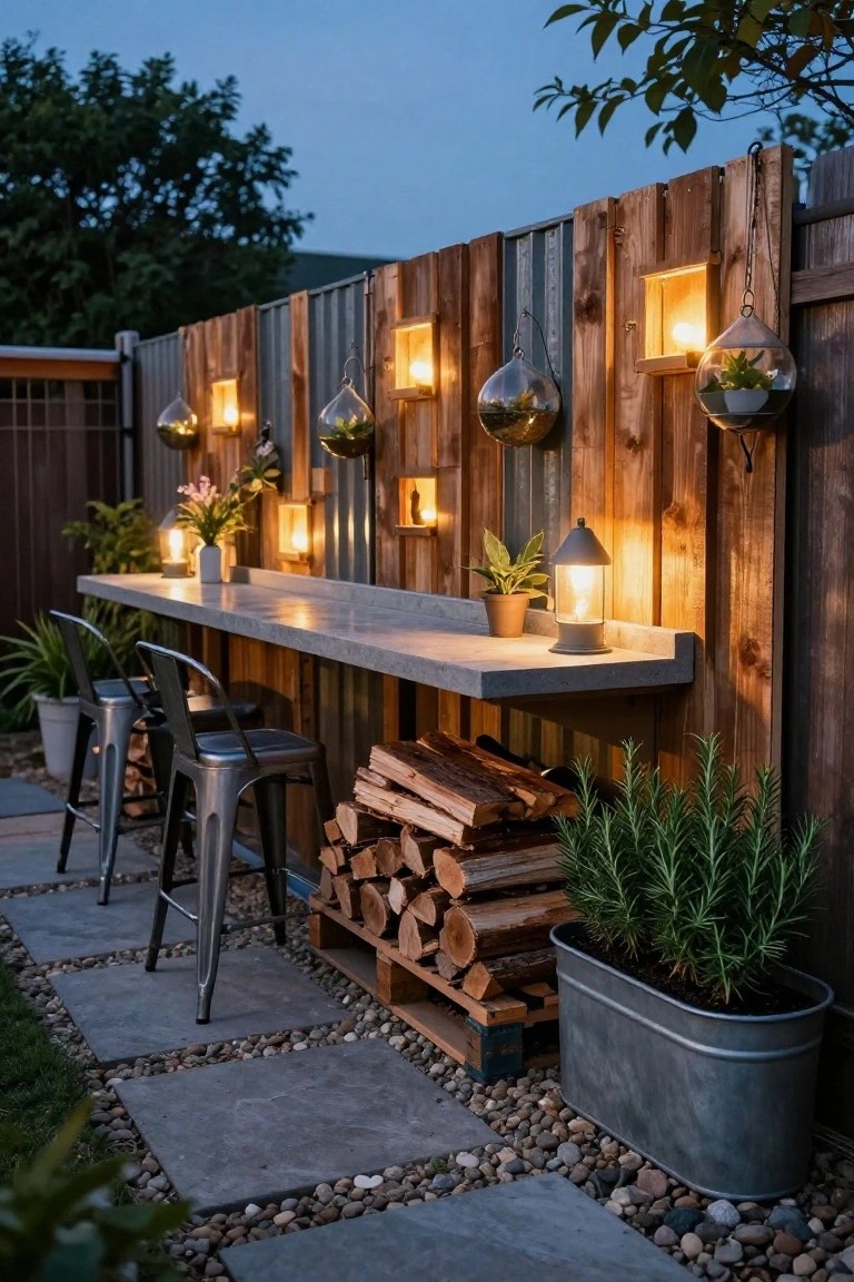 Wooden pallet-style fence with recessed lantern niches and hanging glass planters against a concrete countertop bar, two metal bar stools, firewood stacked on pallets, potted plants, and gravel path in a backyard at dusk.