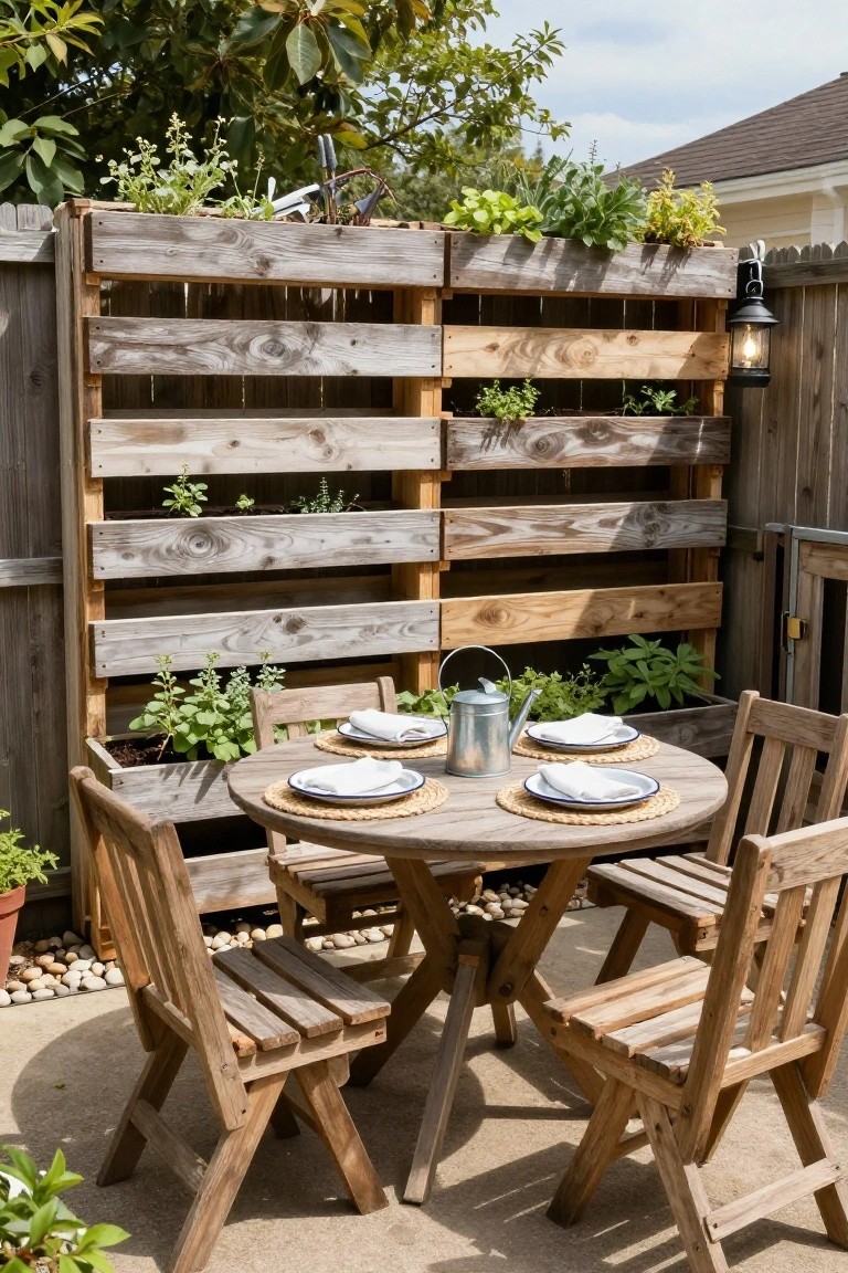 A wooden pallet fence repurposed as vertical planters filled with herbs stands beside a small round wooden table set for four with plates and a metal watering can on a gravel patio surrounded by plants.