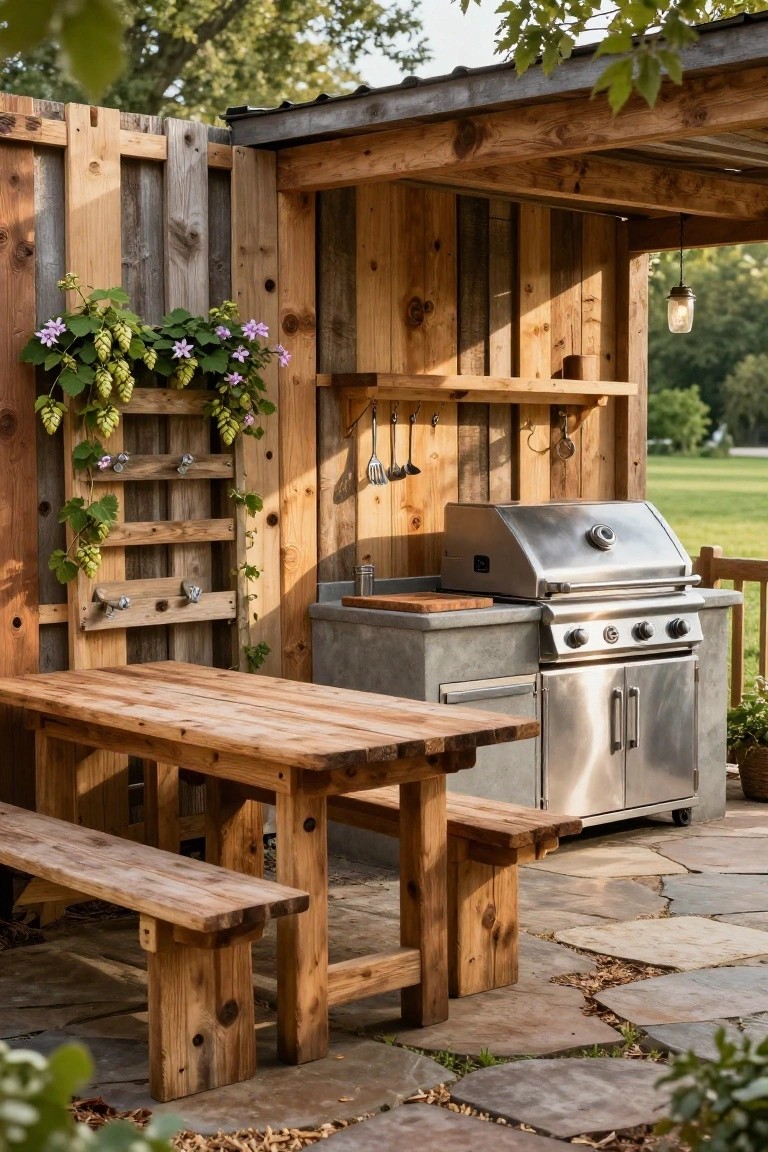 Wooden pallet-style fence with climbing hops and purple flowers serves as backdrop to stainless steel grill, sink, and wooden picnic table under covered outdoor shelter on stone patio.